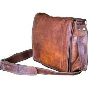 💫 Men Brown Leather Full Flap Handmade Laptop Satchel Padded Messenger Bag